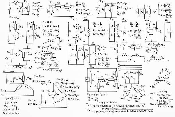 Hand Written Formulas of Electrotechnics and Electronics on White Background background with hand written electrotechnics formulas with diagrams and plans of basic electrotechnics setups and sketches on white paper background,  dimmer switch photos stock pictures, royalty-free photos & images