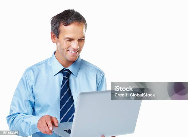 Business Man Holding Computer Stock Photo - Download Image Now - Business, Cut Out, Looking Down