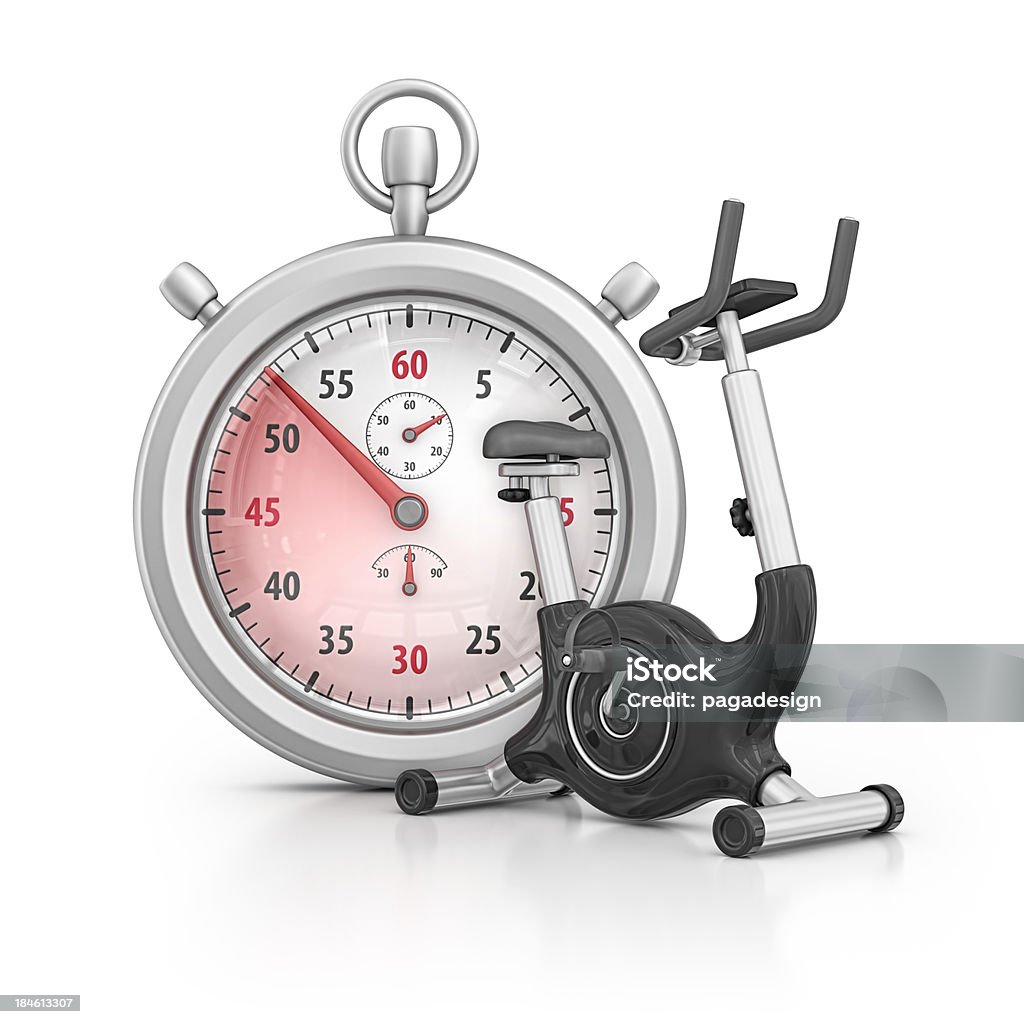 stopwatch and exercise bike isolated stopwatch and exercise bike.3d render. Bicycle Stock Photo