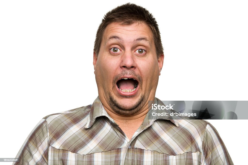 Shocked Man Portrait of a man on a white background. http://s3.amazonaws.com/drbimages/m/jr.jpg Lumberjack Shirt Stock Photo