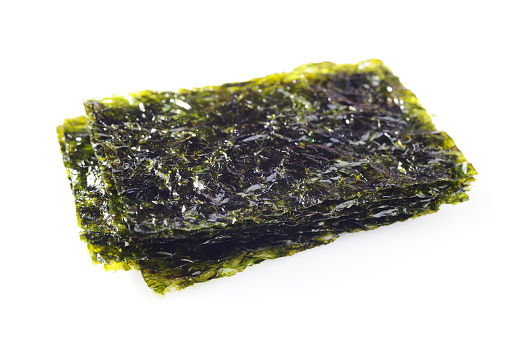 Roasted Seaweed with Sesame Oil on White Background.
