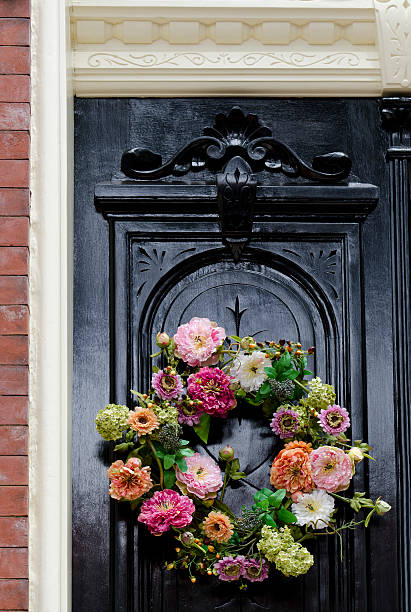 istock Black Antique Wooden Front Door with Wreath 184614759