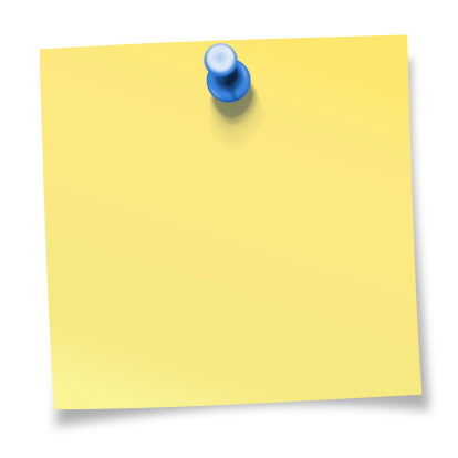 Amarillo nota adhesiva pinned con azul chincheta photo