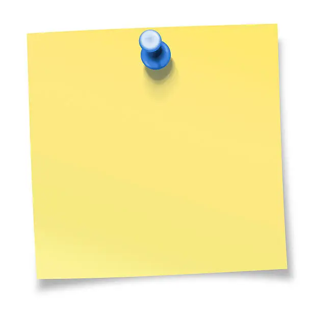 Photo of Yellow sticky note pinned with blue thumbtack