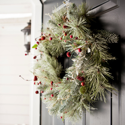 Holiday wreath on a door.