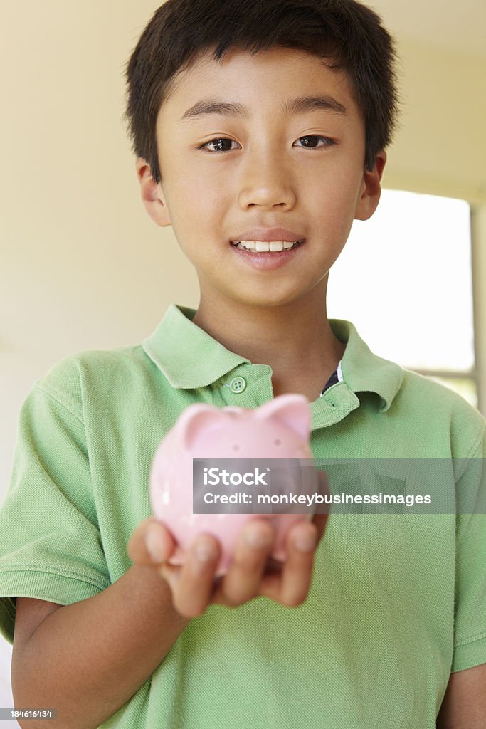 Giovane ragazzo tenendo piggybank - Foto stock royalty-free di 10-11 anni