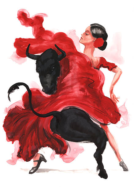 Flemish flamenco dancer is dancing with a bull. I am the creator of this painting. Scanned from my own original work. This handmade artwork was painted with real watercolors. handmade color-painting / 4231x5906px flamenco photos stock illustrations