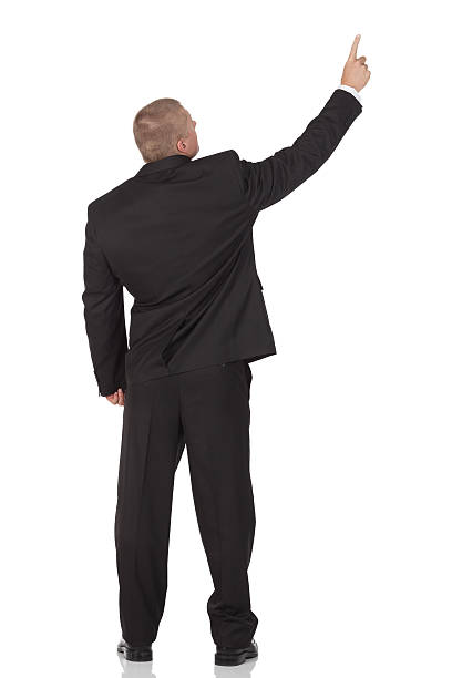 istock Rear view of a businessman pointing upward 184617422