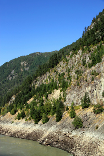 The Fraser River cutting a deep valley through British Columbia.