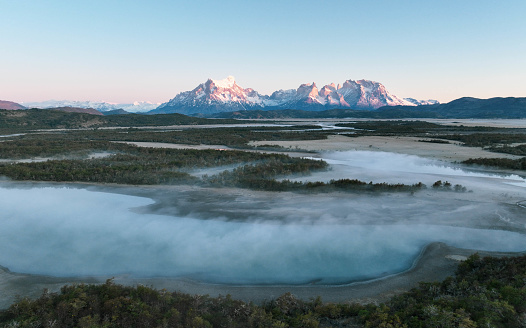 Serrano River with foggy morning , Torres del Paine, Chile
