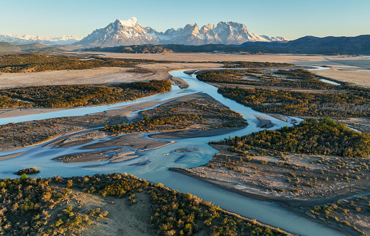 National Park Chile - Torres del Paine. River Valley Serrano. The smooth curves of the river