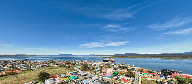 Aerial view of Ushuaia Argentina and the Martial Mountains and the Beagle Channel