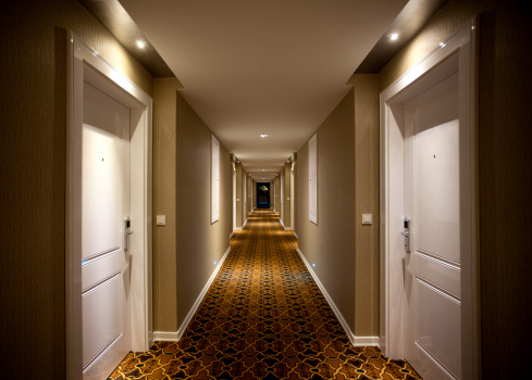 Elegant hotel corridors and elevator rooms, with soft lighting, and elegant carpet and wood walls.