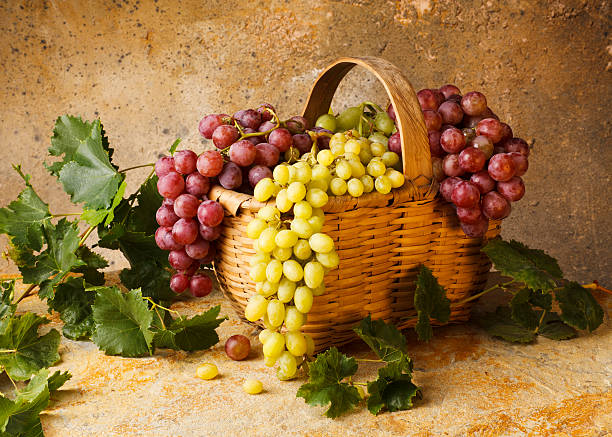Naturmort with Red and White grapes on old background,