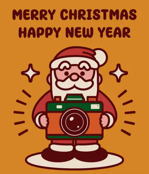 Vector illustration of Adorable Santa Claus holding a big camera wishes you a Merry Christmas and a Happy New Year