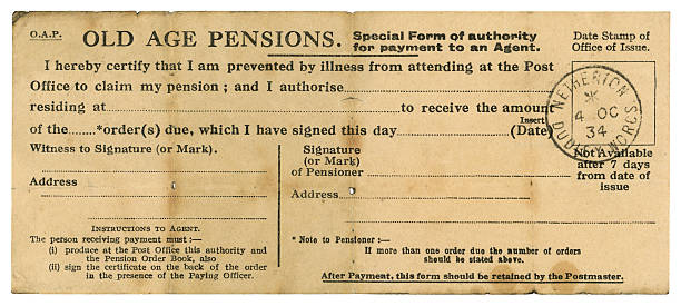 British Old Age Pension proxy collection form, 1934 "A British special form of authority for payment to an 'agent' for old age pension, dated 1934.More officialdom from my portfolio:" 1934 stock pictures, royalty-free photos & images