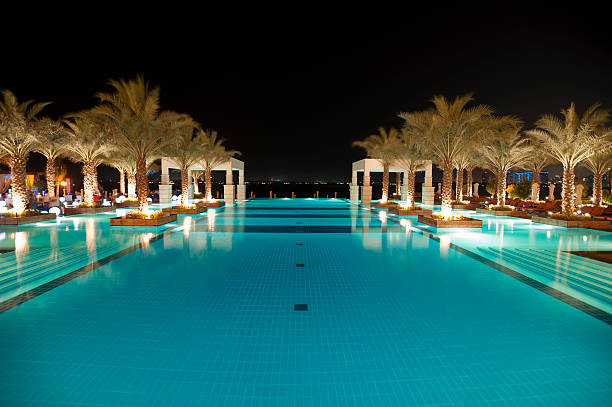 istock Tourist resort pool at night 184619360