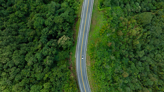 Aerial view of Car travel on the road and dark green forest Natural landscape and elevated traffic roads Adventure travel and transportation ideas for the environment