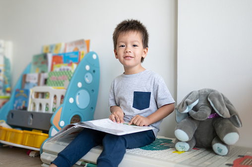 Capturing a precious moment, smiling multiracial two and a half year old boy engrossed in a captivating children's book, surrounded by a delightful room adorned with a whimsical bookshelf filled with tales and adventures. He siting next to his toy - stuffed elephant friend and tells him a story