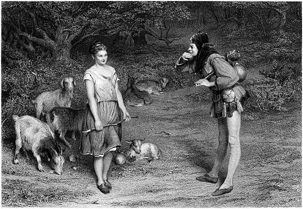 William Shakespeare: Touchstone and Audrey (As you like it) (illustration) "Beautiful Victorian illustrations depicting famous scenes from Shakespeare's plays.Touchstone and Audrey (from William Shakespeare's As You Like it). John Pettie ARA (Artist), Charles Cousen (Engraver). Scanned directly from an original Victorian steel engraving, published circa 1860, London Virtue & Co." touchstone stock illustrations