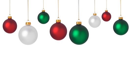 Dangling red, green, and white Christmas ornaments