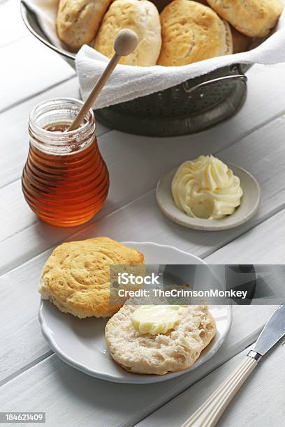 Buttermilk Biscuits With Honey And Butter Stock Photo - Download Image Now - Afternoon Tea, Baked, Baked Pastry Item