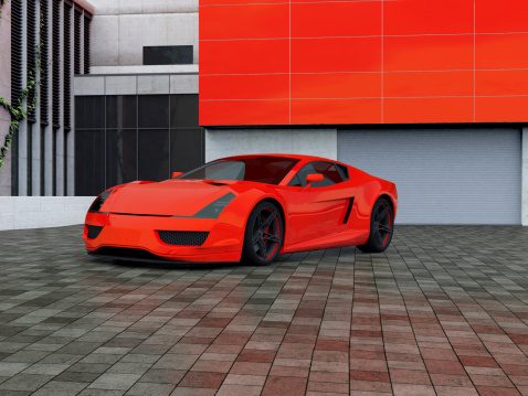 Sport car parking in front of a house. Full CGI shot made by my self. Showing a ficitonal concept car without brand.