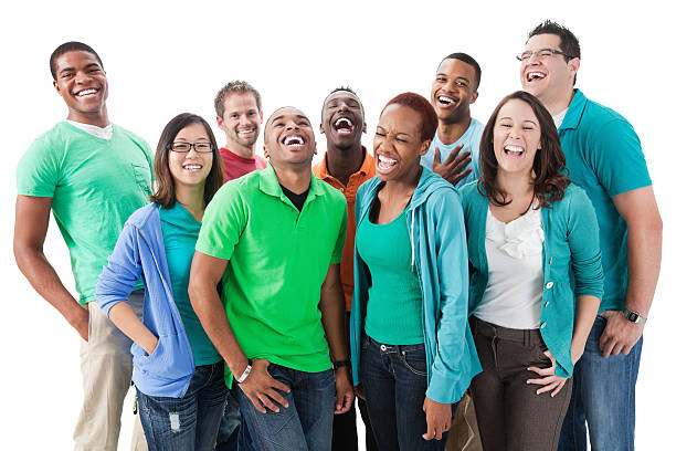 istock Laughing group of diverse young adults on white background 184622236