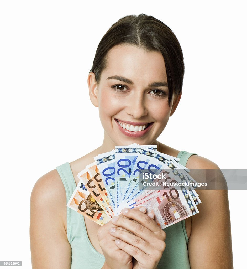 Jeune femme Fanning argent-isolé - Photo de Monnaie de l'Union Européenne libre de droits