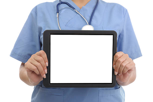 Doctor showing digital tablet Female doctor showing digital tablet with a blank screen. Isolated on white.Please see some similar pictures from my portfolio: tablet pc and digital hospital tools stock pictures, royalty-free photos & images