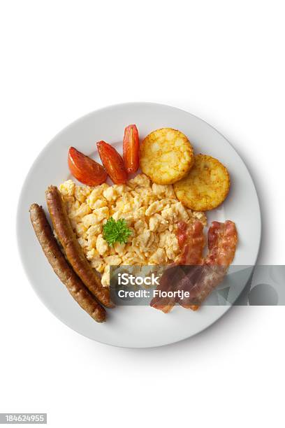 Ovos Codificado Ovos Bacon Salsicha Hash Browns E Tomate - Fotografias de stock e mais imagens de Bacon