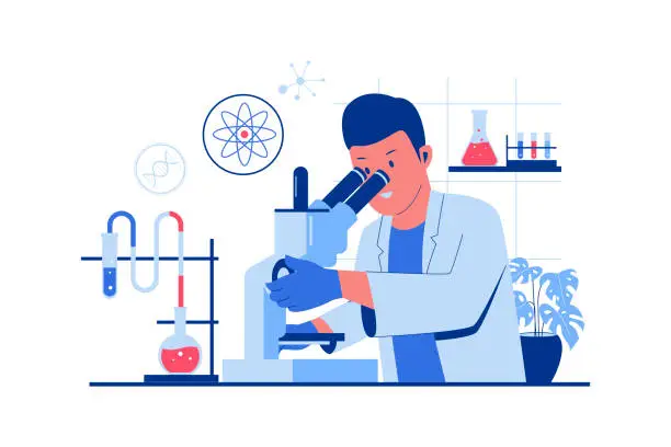 Vector illustration of Male Scientist looking through a microscope in a laboratory