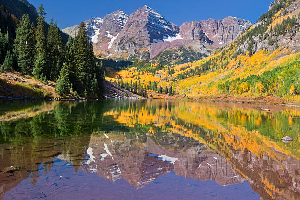 Maroon Bells Lake Reflection in Fall stock photo