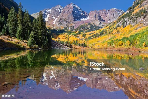 Maroon Bells Lake Reflection In Fall Stock Photo - Download Image Now - Maroon Bells, Autumn, Colorado