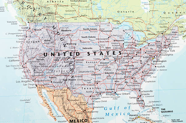 Map North West USA .  Close-up macro image of  map North West America. Selective focus