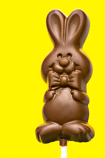 Chocolate Easter Bunny Isolated on Yellow with clipping path Chocolate Easter Bunny on a stick photographed on yellow paper. Clipping path included.This is a locally handmade treat produced seasonally at a local chocolate store. chocolate bunny stock pictures, royalty-free photos & images