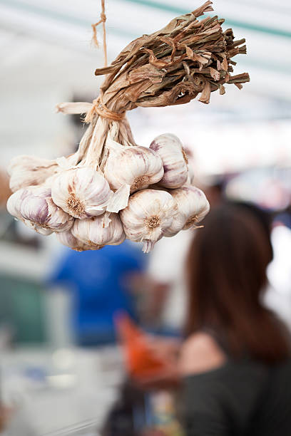 conjunto de garlics pendurado em uma banca de mercado de - comerce imagens e fotografias de stock