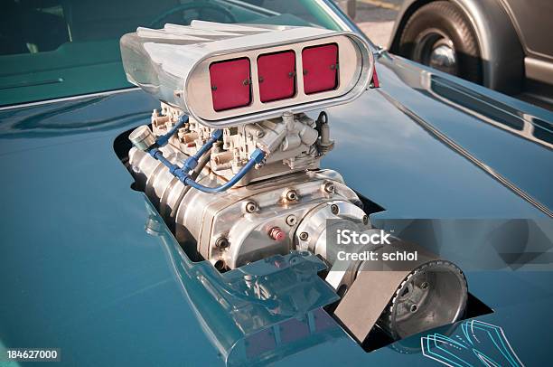 Supercharged Muscle Car Engine Stock Photo - Download Image Now - Supercharged Engine, Sports Car, Car Hood