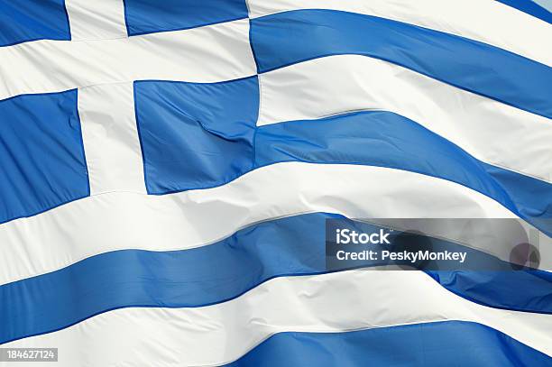 Griechische Flagge Winken Im Freien Full Frame Horizontale Nahaufnahme Stockfoto und mehr Bilder von Flagge