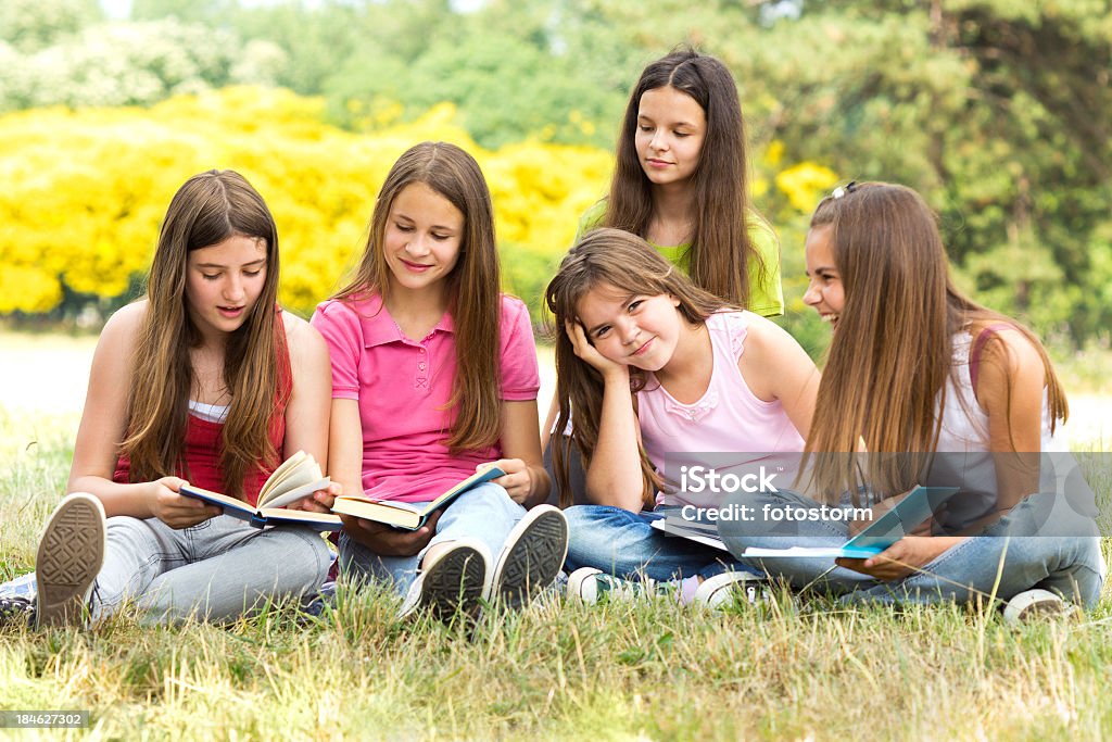 Gruppe von Schoolgirls Bücher im Freien - Lizenzfrei Beginn des Schuljahres Stock-Foto
