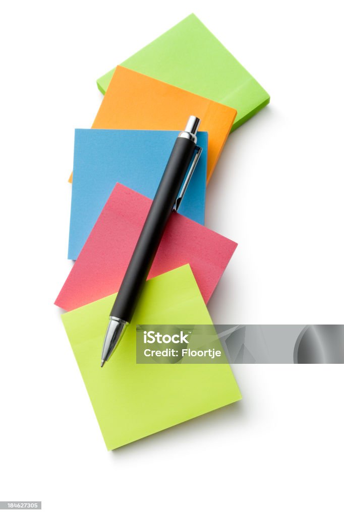 Büro: Klebstoff Notizen und Kugelschreiber - Lizenzfrei Büromaterial Stock-Foto