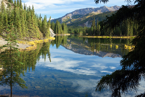 Reflections in beautiful blue waters of Horseshoe Lake at Denali National Park in Alaska USA.   