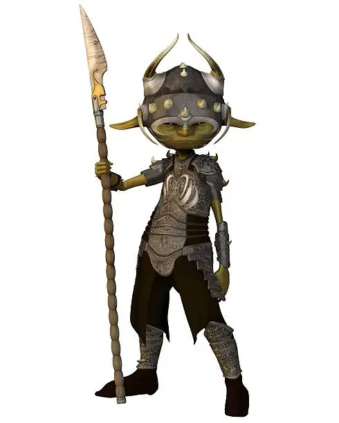 Green-skinned goblin soldier carrying a spear, 3d digitally rendered illustration