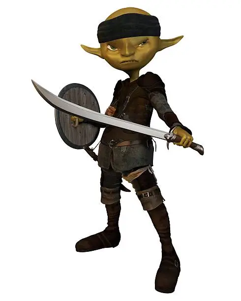 Green-skinned goblin soldier carrying a sword and shield, 3d digitally rendered illustration