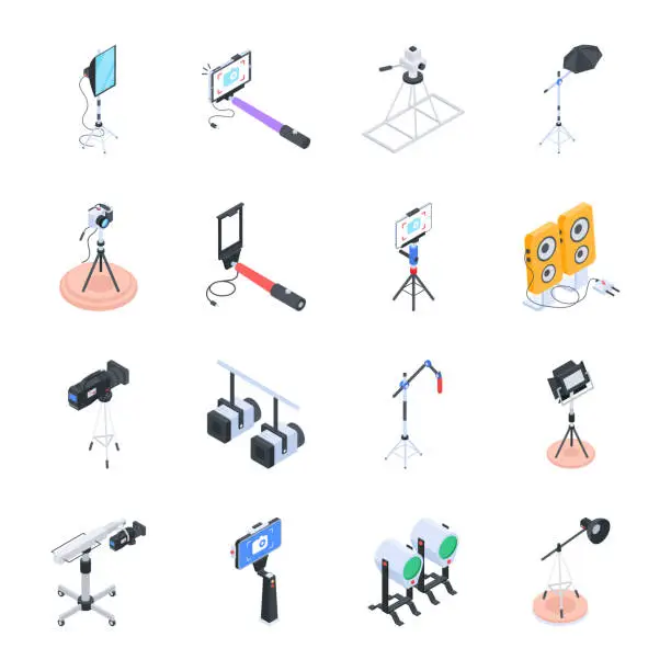 Vector illustration of Modern Isometric Icons Depicting Videography Accessories
