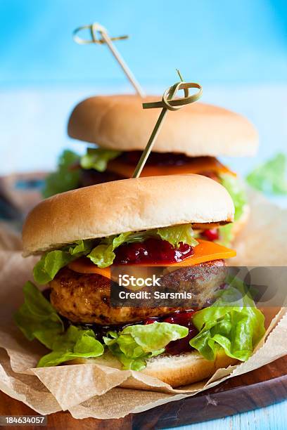 Christmas Turkey Burgers Stock Photo - Download Image Now - Appetizer, Blue, Bread