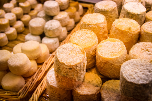 Frensch goat cheese on display at the famous Les Halles de Lyon.