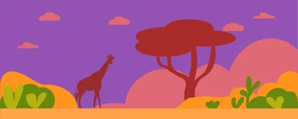 Vector illustration of Night landscape with a giraffe in Africa.  Hand drawing. Savannah nature background.