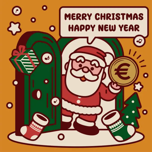 Vector illustration of Adorable Santa Claus opens the wooden door and gives money and Christmas presents wishing you a Merry Christmas and a Happy New Year