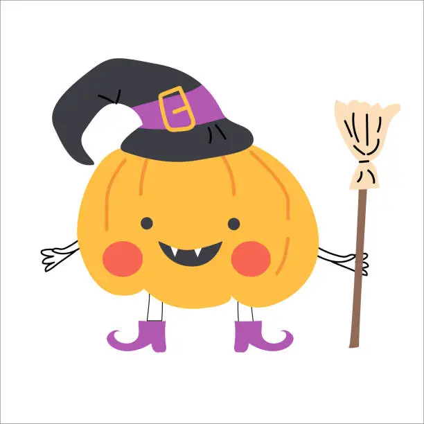 Vector illustration of cute pumkin halloween character in witch costume